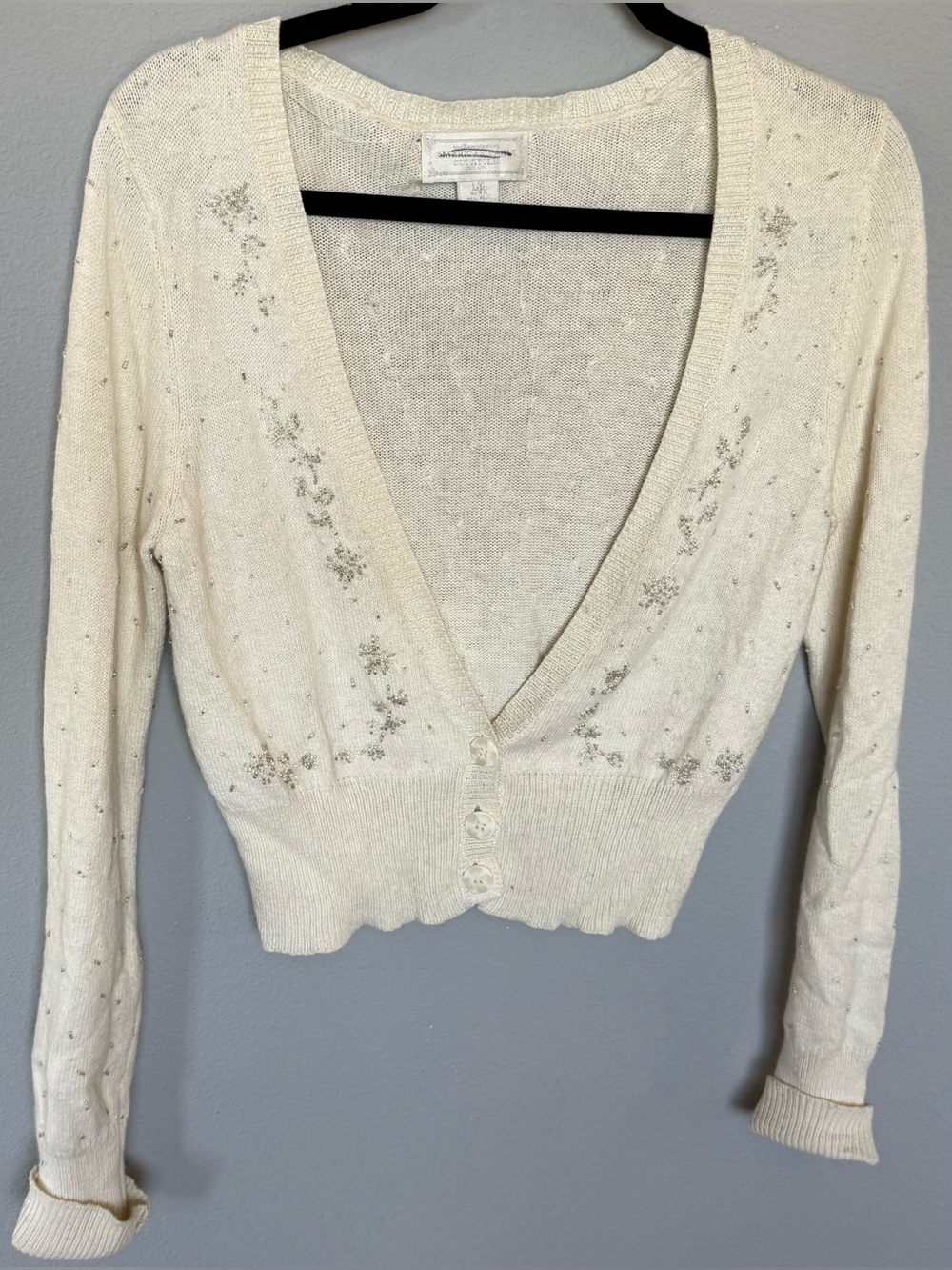 Vintage American Eagle Angora Beaded Floral Cropped Cardigan Sweater L Hong Kong